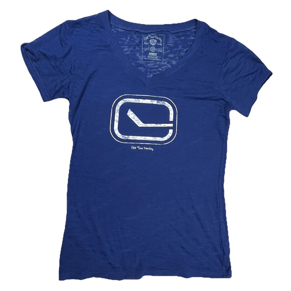 Vancouver Canucks T-Shirt Women's Sz XL Baby Tee Blue Burnout Old Time Hockey